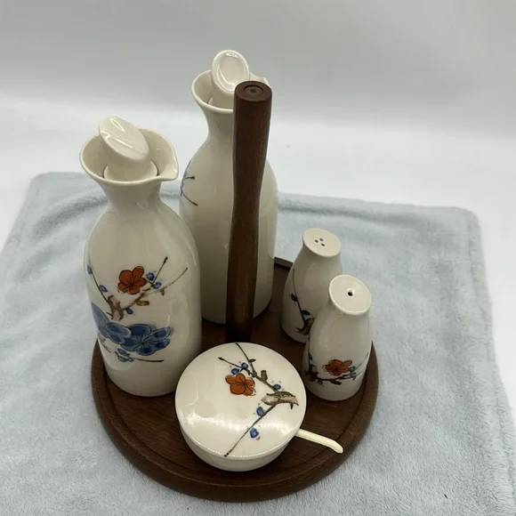 Vintage Cruet 6-Piece Set-Porcelain/Ceramic/Wood with Table Caddy - Picture 2 of 12